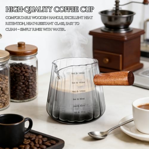 6OZ Wooden Handle Espresso Measuring Cup, Borosilicate Glass Milk Frothing Pitcher with Double Scale & V-Shaped Spout, Dishwasher Safe Coffee Accessories