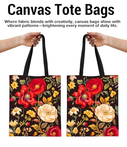 Aesthetic Floral Canvas Tote Bag - Reusable Shoulder Tote Bag for Women Lady Casual Vacation, Shopping, Work, Gym - color: 4