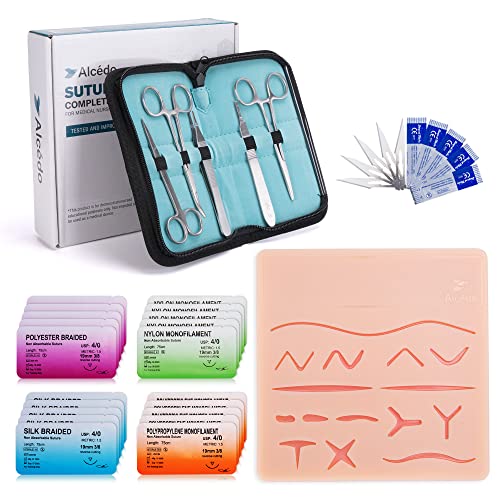 Alcedo Suture Practice Kit (32-Pc), Extra Large Pad, Educational Use Only | Extra Large Durable Pad, Custom Cuts & Pre-Cut Wounds, Vertical/Horizontal Mesh, 20-Pack Sutures, Complete Tools, Carry Bag - size: Extra Large Pad