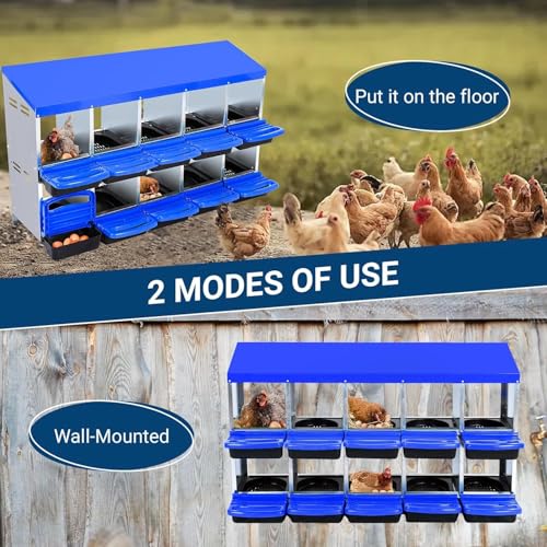 Chicken Nesting Box,10 Hole 2 Layer Hen Nest Boxes, Roll-Away Egg Collection System with Ventilation Holes，Rustproof Plastic Tray & Keyhole Mounting, Chicken Laying Box - color: Blue, size: 10 holes