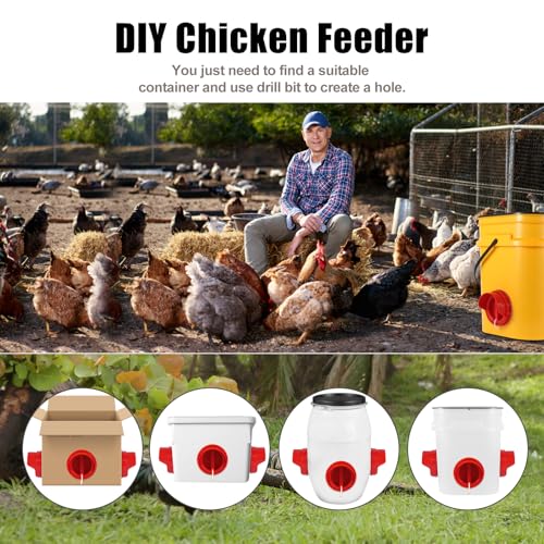 Chicken Feeder No Waste, 10 Ports Automatic Poultry Feeder with Covers & Hole Saw, Rain Proof Chicken Feeder Port for Buckets, Bins & Barrels - color: Red