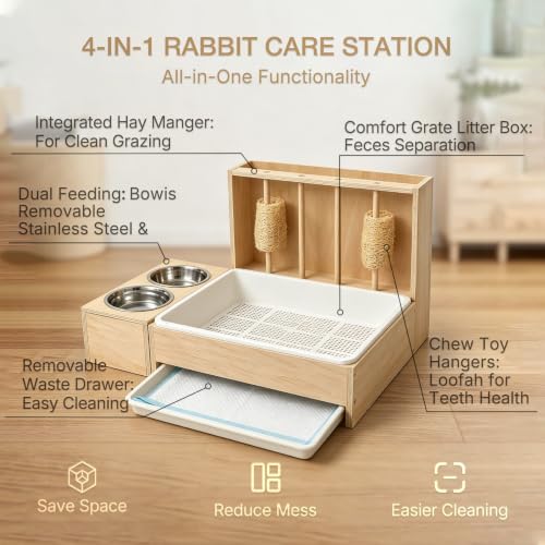 3 in 1 Rabbit Litter Box with Removable Hay Feeder, Separation Litter Box | Removable Hay Rack Feeder & Urine Waste Separation Bunny Toilet for Guinea Pigs, Chinchillas, Hamsters Rabbits - Less Mess