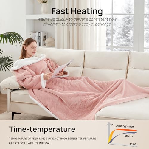 Westinghouse Wearable Heated Blanket with Foot Pocket Sherpa 50x70+18 Pink | Electric Snuggle Throw with Foot Pocket, Flannel Sherpa 6 Heating Levels & 2-10 Hours Auto Shut Off, Home Office Use - color: Pink&ivory, size: 70*50" Heated Snuggle Blanket (Lon