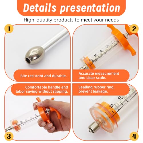 2 Pcs Goat Syringe Reusable Adjustable Goat Drench Syringe with 2 Drench Nozzle and Needles, Feeding Supplies for Cattle, Sheep, Goats, Horse, Pig, Dog (Orange, 20ML+50ML) - color: Orange, size: 20ML+50ML