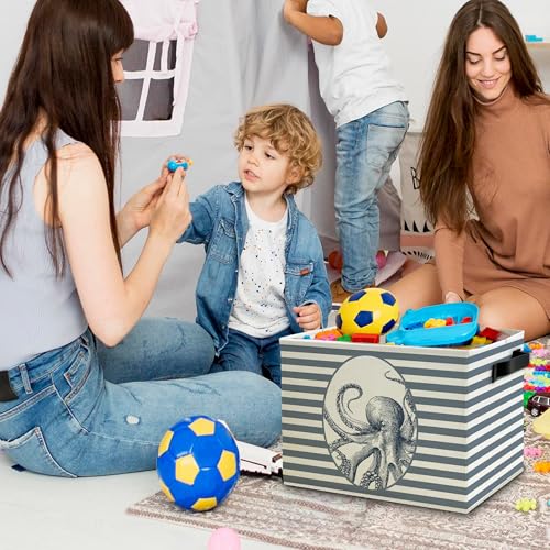 Coastal Beach Octopus Storage Bins Box with Handles, Blue Striped Beachy Ocean Octopus Marine Biology Collapsible Basket Organizer for Bedroom Bathroom Books Clothes - color: Color08