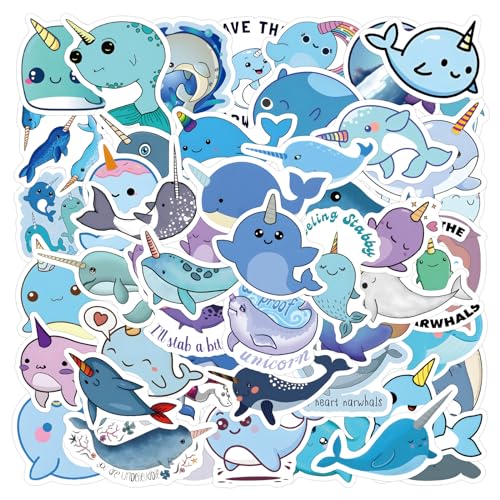 Cute Narwhal Stickers Cartoon Animal Decals for Kid Teen Water Bottle 60PCS | Waterproof Vinyl Kawaii Animals Sticker for Laptop Skateboard Phone Cute Gifts for Adult Decal Party Supplies Teachers Reward - color: Narwhal