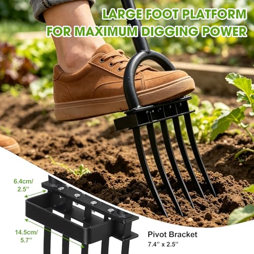 Broad Fork Garden Tool, 50" Heavy Duty Broadfork Hand Tiller with Double 5 Sharp Tines, Garden Pitchfork with Ergonomic D-Shaped Handle, Spading Diggi - size: Broad Fork 50Inch