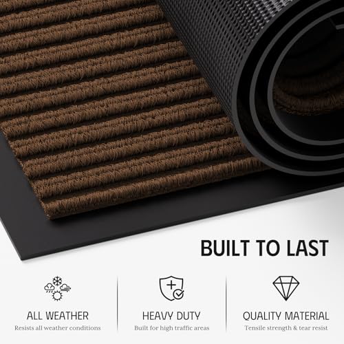 Front Door Mat 3' x 5', Dirt Trapper Dog Door Mat for Mud Wet Shoes & Paws, Low Profile Heavy Duty Indoor Outdoor Mats, Absorbent and Fade Resistant, Non-Slip Commercial Floor Mat, Brown - color: Brown Striped, size: 3' x 5'