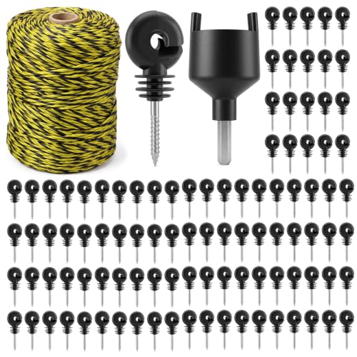 Tudomro 102 Electric Fence Wire Kit 100 Electric Fence Insulators 1 Roll of 3mm 656ft Stainless Steel Polywire 1 Insulator Socket Tool for Reliable Conductivity & Rust Resistance