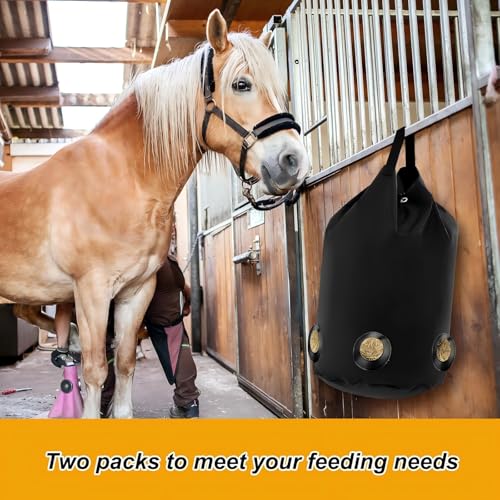 2 Pack Goat Hay Feeder, Slow Feed Hay Bag for Horses, Sheep, Donkey, Cows, Alpacas and Ostriches, Premium Oxford Waterproof Fabric, Circle Leather Reinforced 5 Open Feeding Hole for Resist Biting