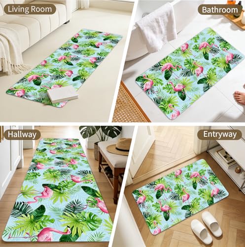 Green Leaves Kitchen Rug Set, 2 Piece Non-Slip Floor Mat with Colorful Daisy Flower Design - color: Green Leaves