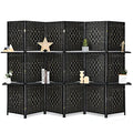 Giantex 6Ft 6 Panel Room Divider with Shelves, Freestanding Hand-Woven Rattan Folding Privacy Screens for Room Separation, Wooden Partition Room Divider Wall for Home Office Studio Separator - color: Black