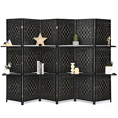 Giantex 6Ft 6 Panel Room Divider with Shelves, Freestanding Hand-Woven Rattan Folding Privacy Screens for Room Separation, Wooden Partition Room Divider Wall for Home Office Studio Separator - color: Black