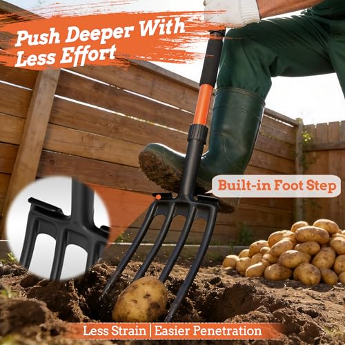 Pitch Fork for Garden Digging, 4-Tine Garden Fork with Foot Step, Y-Handle, Ergonomic Foam Grip, Lightweight Durable Pitchfork for Soil Loosening, Weeding, Potato Harvest & Yard Work-41 Inches - size: 41-inchs