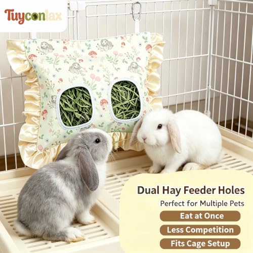 Rabbit Hay Feeder Bag for Guinea Pigs Hanging Washable 2-Hole | Reduces hay waste, bite-resistant waterproof material, easy hay refills and keeps hay dry, suitable for various small animals