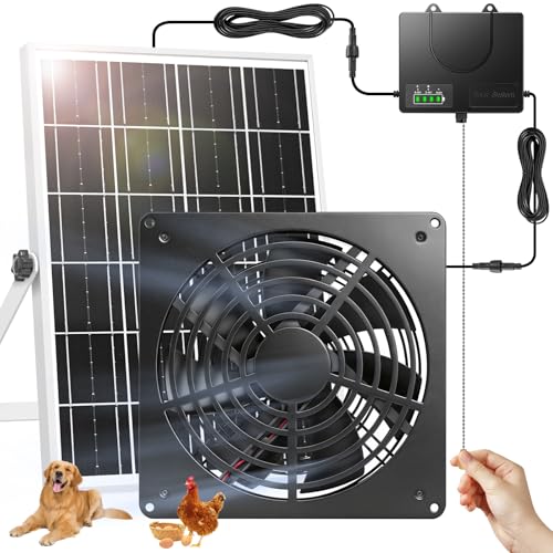 7.1“Solar Powered Fan for Chicken Coop with Pull String, Runs Day and Night | 12000mAh Battery , Timer 4/8H,USB-C & Solar Dual Power, Waterproof Exhaust Fan for Shed Greenhouse Doghouse