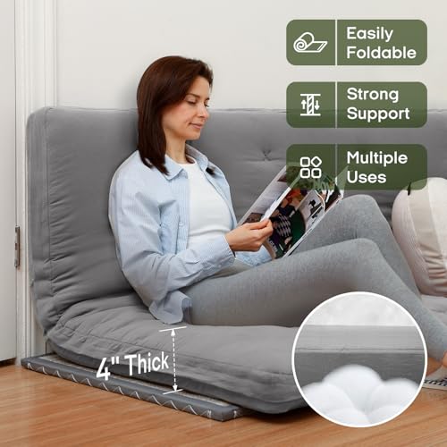 ZonLi Japanese Floor Futon Mattress 100% Cotton Washable Cover Foldable | 75" x 54" Full Size 4" Thick Tatami Mat Sleeping Pad, Roll Up Floor Lounger Bed for Guest, Dormitory, Camping & Travel - color: Grey, size: Full(75"L x 54"W x 4"Th)