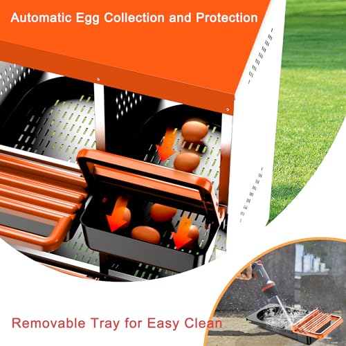Chicken Nesting Boxes, Roll Away Nest Box for Egg Collector, 4 Holes Orange | Metal Nesting Box for Laying Eggs with Lid Cover to Protect Eggs, Easy Wipe, Slide Out for Quick Bedding Change and Rinse - size: 4 Holes