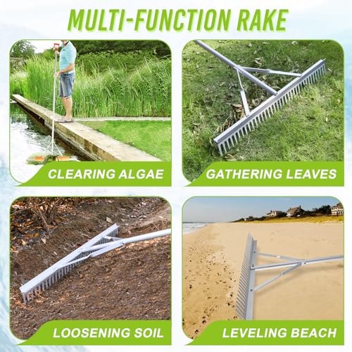 Floating Weed Lake Rake, 36 Inch Widths Pond Rake Aquatic Weed Rake, 133 Inch Extensible Multifunctional Folding Weeding Rakes, Aluminum Landscape Rakes with 49.2 FT Rope - style: 36 Inch Landscape Rake Set
