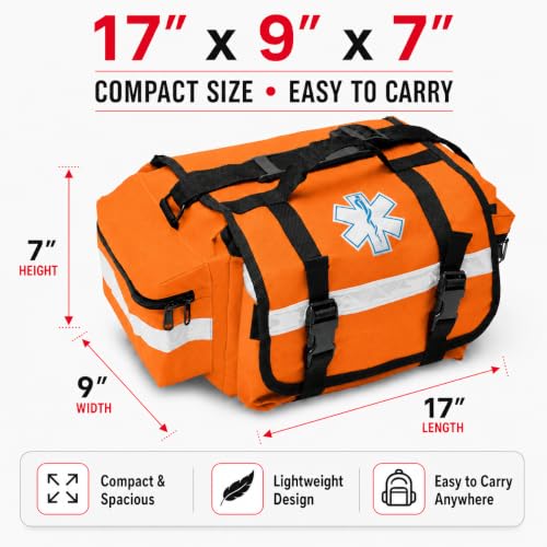 NOVAMEDIC NM-RO63P Professional First Responder Bag, 17” x 9” x 7” Empty EMT Trauma Kit Carrier with Removable Dividers, Reflective Strips, Water-Resistant Base for Emergency Medical Supplies (Orange) - color: Orange