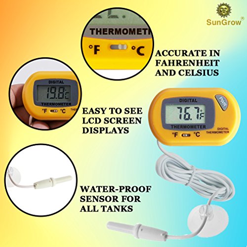 SunGrow Reptile Digital Thermometer, 1.5” x 2.3” x 0.5”, Easy to Read Display, Yellow, Battery Not Included, 1-Pack - style: Waterproof Type