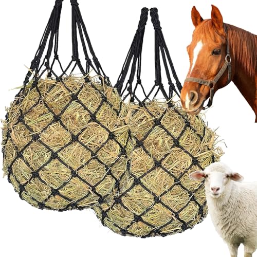 Slow Feed Hay Net for Horses,2 Pack Hanging Feeder for Horses Sheep Goats, Black Nylon Mesh Bag, 40 Inch Length, 2.36 Inch Holes, Cross Weave Design,