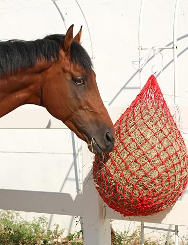 Harrison Howard Slow Feed Hay Net for Horses, 40 Inch Hay Bag Holds 1–2 Flakes, 2 Inch Mesh Durable Hanging Feeder for Stable, Pasture & Livestock-Red - color: Red