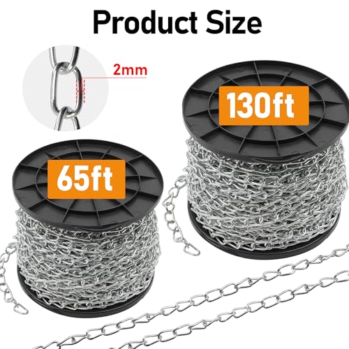 Jack Chain for Hanging, 2mm Thick Steel Chain,130ft | Small Chain Utility Chain for Home Outdoor Camping, Heavy Duty Chain for Hanging Baskets, Plants,Includes Gloves. - size: 130 Ft
