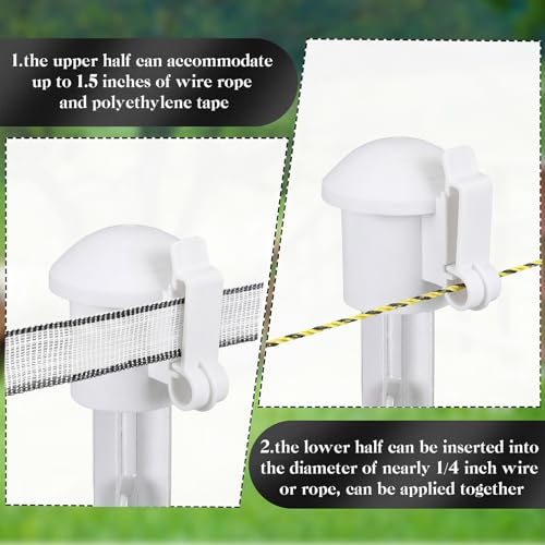 DoubleFill 24 Pcs Electric Fence Insulators and T Post Safety Cap, T Post Safety Topper Black Plastic Insulators for Wood Posts Wire Holding Fencing Garden Farm Highway Sport Fences Supplies (White) - color: White