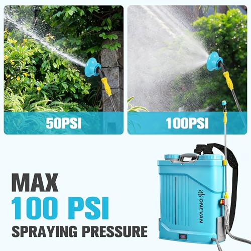 ONEVAN Battery Powered Backpack Sprayer 5.3 Gallon with 2X3.0A Batteries | 0-100 PSI Adjustable Pressure, Up to 41" Extends Telescopic, Sprayer up to 20 Tank, 5 Nozzles, Build-In Mixing System