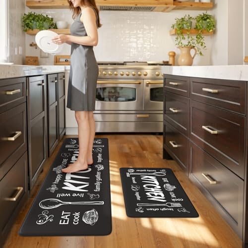 KIMODE Anti Fatigue Kitchen Mats,Black Farmhouse Kitchen Rugs Sets of 2 | Non Slip Waterproof Kitchen Floor Mats,Ergonomic Cushioned Comfort Standing Mat for Home,Laundry,Office,Sink,Desk,RV - color: Kitchen/Black, size: 17.3" x 59"+17.3" x 29"--0.47 inch