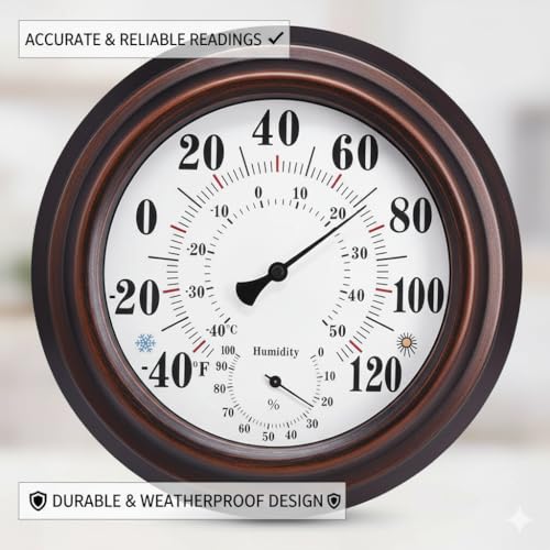 [Outdoor/Indoor] Thermometer Hygrometer, 10-inch Large Analog Wall Mounted Temperature and Humidity Monitor Gauge for Home, Patio, Garden, Garage, Cellar - Weatherproof & Easy to Read (Bronze)