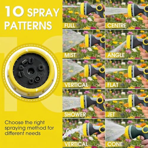 Garden Hose Nozzle Thumb Control with 10 Spray Patterns Water Hose Sprayer | Leak Proof On Off Valve Water Hose Nozzle Sprayer,One Hand Operation,Non-Slip Grip for Plants & Lawn Watering,Car&Pet Washing - color: Yellow