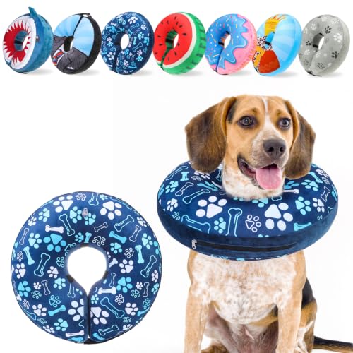 SCENEREAL Dog Cone Alternative After Surgery Donut Collar, Soft Inflatable | Pet Recovery Pillow Collar for Small Medium Large Dogs, Inflatable Neck Cone ECollar to Stop Licking, Blue Bone&Paw Print - color: Blue Footprints, size: M(Neck 13"-16")