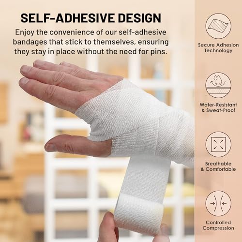 6 Pack, Self Adherent Cohesive Tape - 2” x 5 Yards, Self Adhesive Bandage Rolls & Sports Athletic Wrap for Ankle, Wrist, Knee Sprains and Swelling, Vet Wraps in White Color