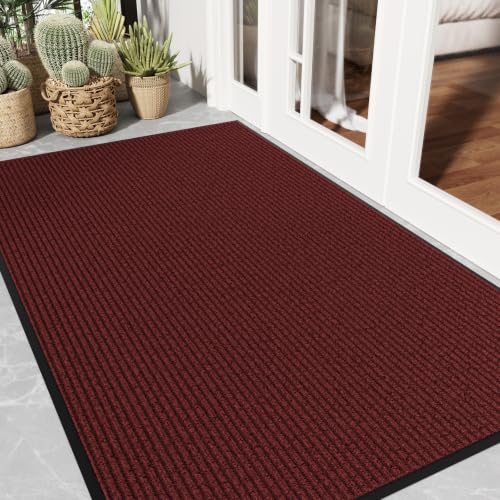 Front Door Mat, Non-Slip Heavy Duty Indoor Outdoor Doormat, 3'x5' | Red Striped, Trap Dirt & Absorb Moisture, Low Profile, Non-Slip Backing, All Weather, Indoor Outdoor Floor Mat for Entryway - color: Red Striped, size: 3' x 5'