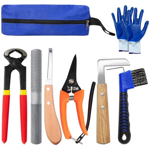 8 inch Farrier Tools Kit (8 Piece) Horse Goat Hoof Trimmers Carbon Steel Nippers Shears Nail Clipper, Mini Rasp, Hoof Trimming Cutter Knife, File for Pig Sheep Donkey Equine Supplies With Storage Bag
