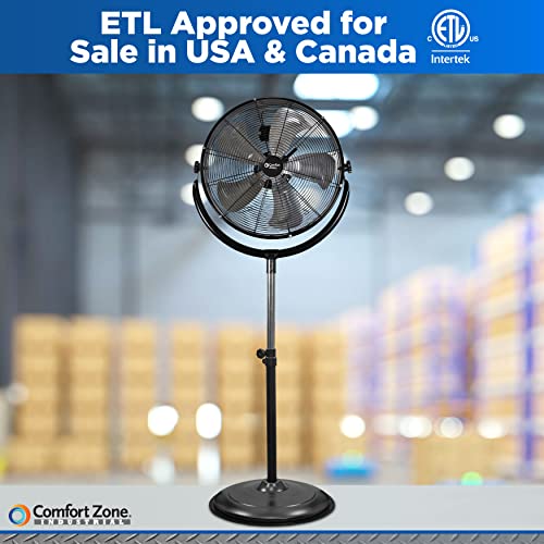 Comfort Zone 20-Inch High-Velocity Industrial Pedestal Fan – Heavy-Duty All-Metal Shop Fan with Aluminum Blades, 3-Speed Slim Profile Stand Fan, 180° Tilt & Adjustable Height for Garage or Warehouse