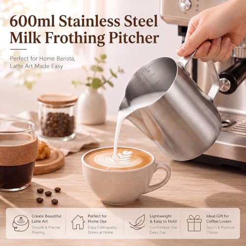Honeydak 9 Pcs Milk Frothing Pitcher 304 Stainless Steel Steaming Pitchers for Coffee Bar Cappuccino Barista Tools Milk Jug Steamer Frother Cup (20 oz,Silver) - color: Silver, size: 20 oz
