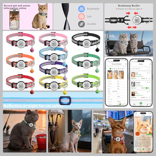 2 Pack QR Code Cat Collar for Lost Cat Recovery, Breakaway Reflective Collar with Bell & Instant Online ID, Adjustable 7.5-12.5 Inch for Peace of Mind (Black & Rose Red) - color: Reflective tape - Black & Rose Red