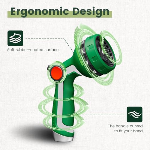 Heavy Duty Metal Garden Hose Nozzle, Thumb Control High Pressure Water Sprayer with 10 Adjustable Patterns, On Off Valve for Watering Plants & Lawns, Car Washing and Pet Showering