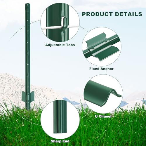 Fence Post 3 Feet / 36 Inch, Pack of 10, Heavy Duty Metal Fence Posts, No Dig U Post with U-Channel, Adjustable Tabs & Anchor Plate, Rust-Proof Steel Fence Stakes for Garden, Farm, Lawn, Poultry - size: 3 Feet