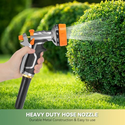 Garden Hose Nozzle, Heavy Duty Metal Water Hose Nozzle with 8 Adjustable Spray Patterns, High Pressure Hand Sprayer with Flow Control for for Garden Watering, Car & Pet Washing - color: Orange