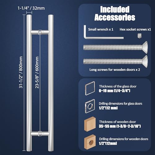 Ranbo 32" Door Pull Handle, 1.2mm 304 Stainless Steel, Brushed Nickel | 23-5/8" Hole Spacing, Fits 1/4"–3/4" Glass Doors and 1-3/8"–2-3/16" Wood Doors, for Entry, Commercial and Storefront Door - size: 32 inches/1.26 inches Cross Section Diameter