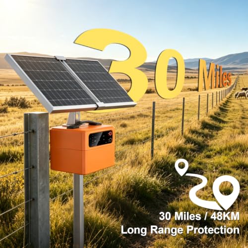 30 Miles Solar Electric Fence Charger, 15W Solar Powered Electric Fence Kit with 6–12KV & 0.3–1.5J Adjustable Output, Battery Level LCD Display, All-Weather for Livestock, Farm, Garden