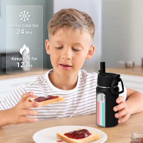 Volhoply 14oz KIds Insulated Stainless Stee Water Bottle with Straw Lid and Silicone Boot,BPA-Free Easy Use for Boys&Girls,Double Wall VacuumLeakproof Bottles(Black,1) - color: Black