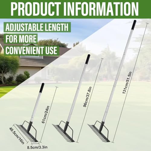 BARAYSTUS 16" Wide Bow Rake, Adjustable Garden Rake for Lawn & Yard | Lightweight metal rake with 16 steel tines , adjustable long handle for lawn care, soil loosening, thatch removal
