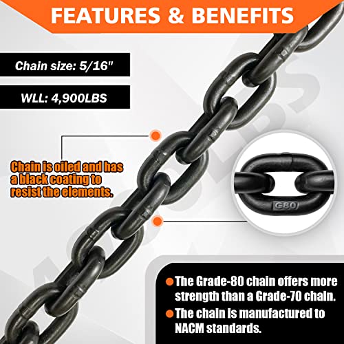YATOINTO Grade 80 Log Chain 5/16'' X 14 Feet with Grab and Slip Hooks | Trailer Safety Chain WLL 4,900 lbs for Pulling & Towing