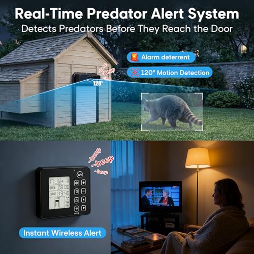 Automatic Chicken Coop Door with Remote Display, Solar Powered Roll-up Chicken Door, 393ft Long-Range Wireless Monitor, Anti-Pinch Auto Coop Door, Predator Protection Motion Sensor, No WiFi Needed