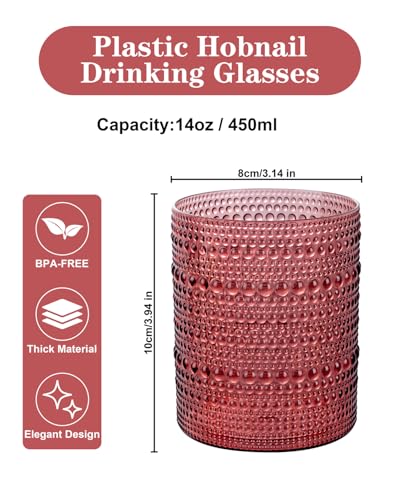 18PCS Hobnail Plastic Drinking Glasses 14 oz Burgundy Cups for Party | Vintage Glasses Mixed Drinkware Sets, Clear and Sturdy, Disposable yet Stylish, Perfect for Beer, Whiskey, Juice, Cocktails - color: Burgundy, size: 3.93 inch*3.14 inch